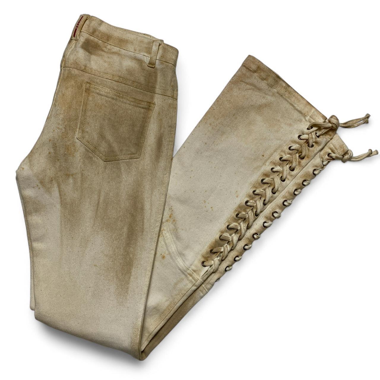 Prada Distressed Runway Vintage y2k Cream Lace Up Flared Cowgirl Jeans (28W)