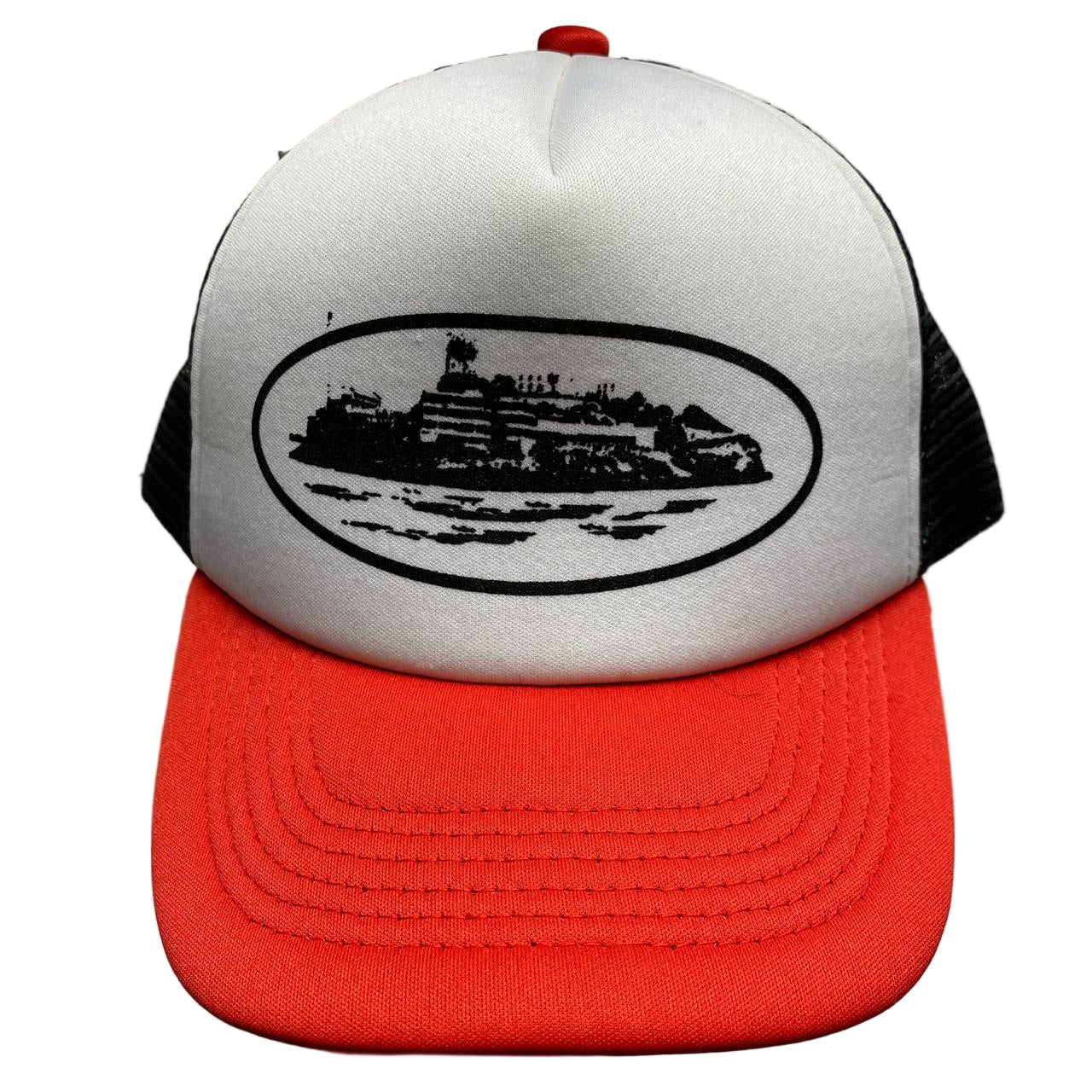 Corteiz Black White and Red Trucker Cap