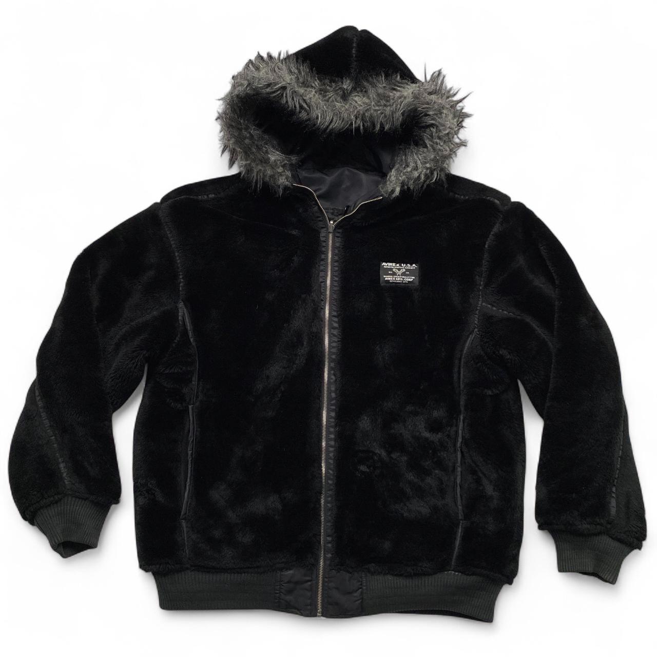 Avirex Vintage y2k Black Reversible Faux Fur Bomber Fur Trim Hooded Jacket (M)