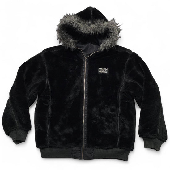 Avirex Vintage y2k Black Reversible Faux Fur Bomber Fur Trim Hooded Jacket (M)
