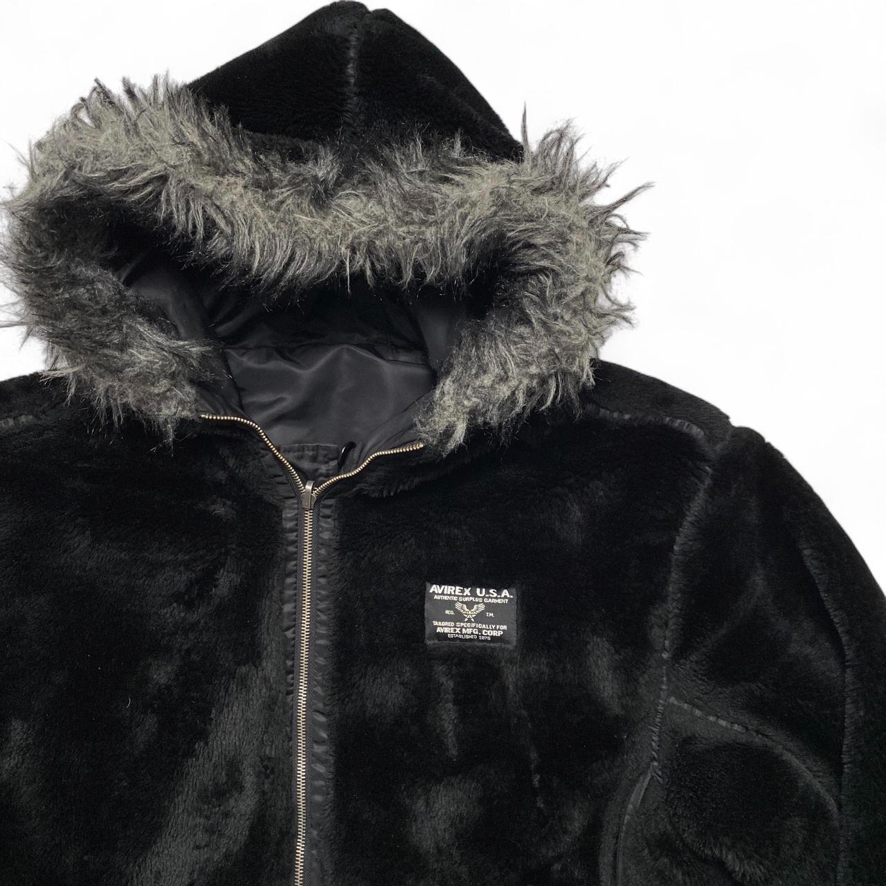 Avirex Vintage y2k Black Reversible Faux Fur Bomber Fur Trim Hooded Jacket (M)