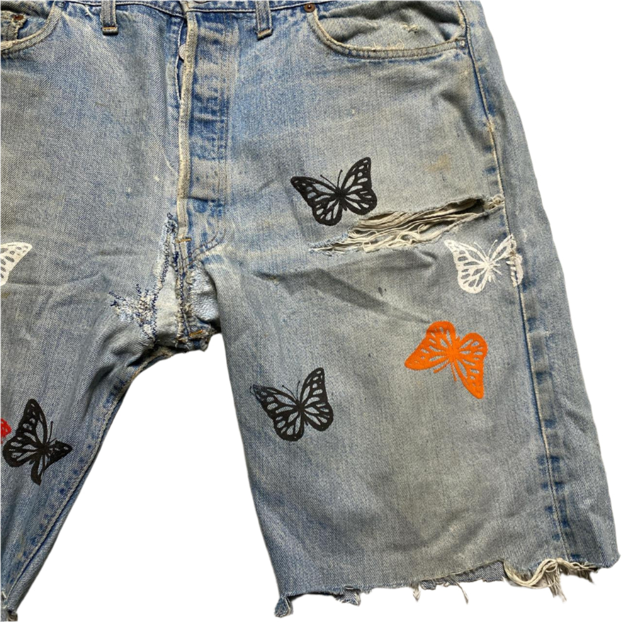 Levis 501 Baggy Cut Down Distressed Vintage Jort Jeans with Butterfly Prints (W 36)