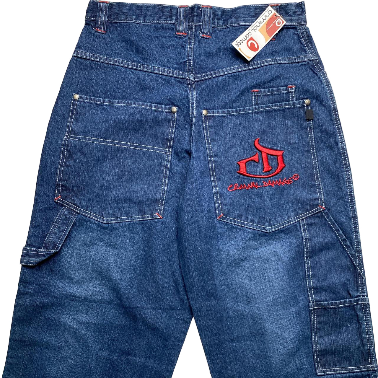 Criminal Damage Vintage Baggy Carpenter Cargo Embroidery Navy and Red Jeans (28W)