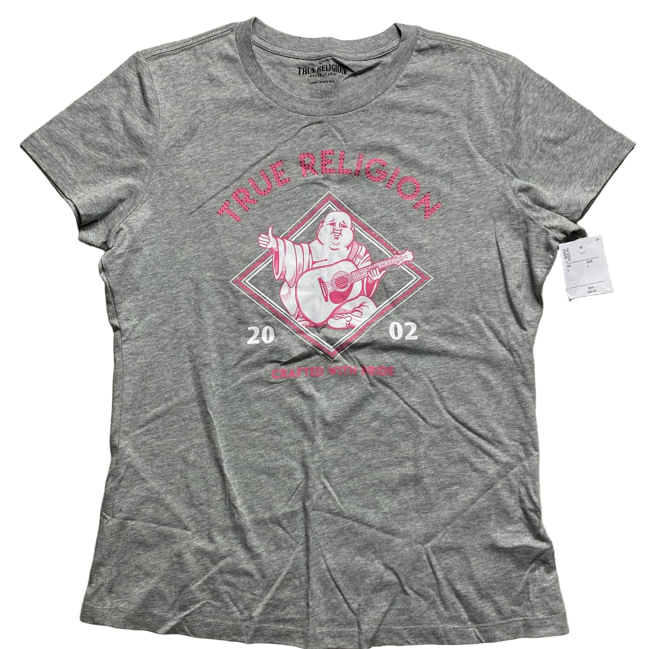 True Religion Womens Rhinestone Grey White and Pink Buddha T Shirt (L)