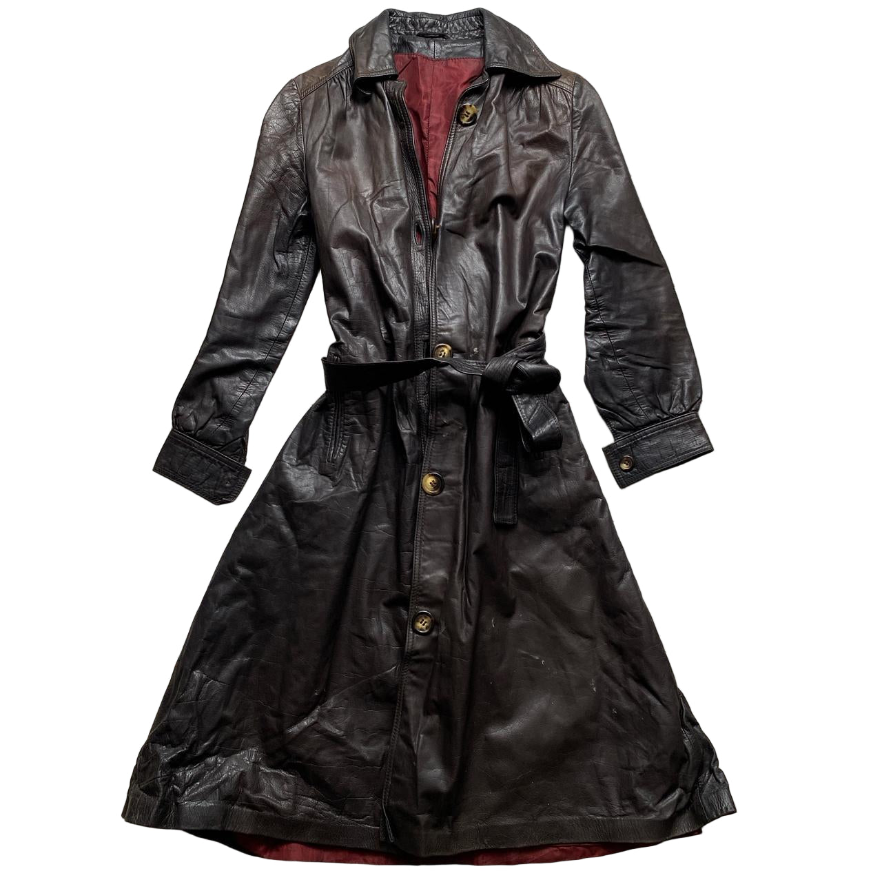 Leone London Vintage Brown Long Leather Trench Coat (S)