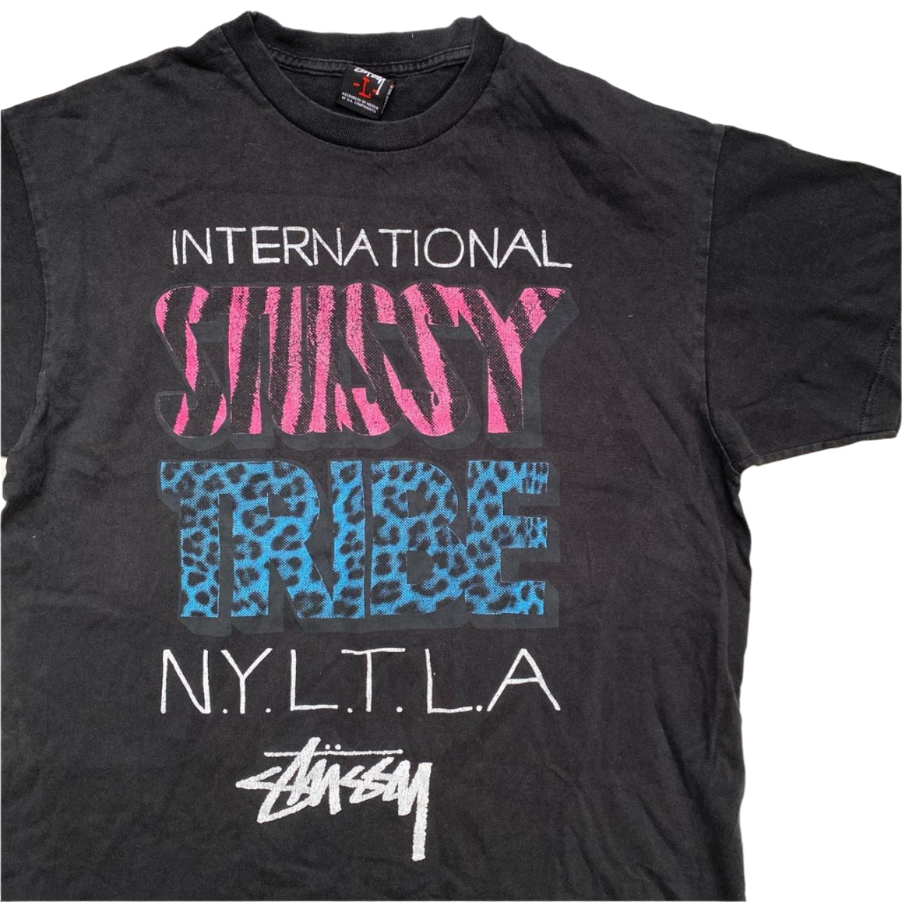 Stussy Black Pink Blue and White Vintage T Shirt (L)