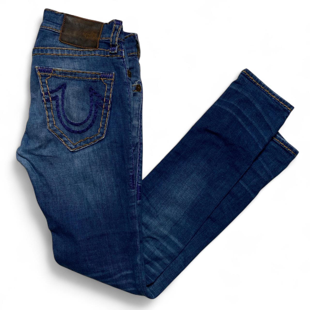 True Religion Womens Big Purple and Gold Stitch Rocco Slim Skinny Jeans (29W)