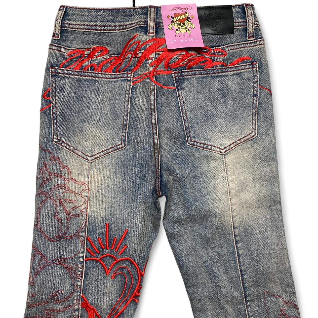 Ed Hardy y2k Light Blue Stonewashed Red Embroidery Love Flared Womens Jeans (27W)