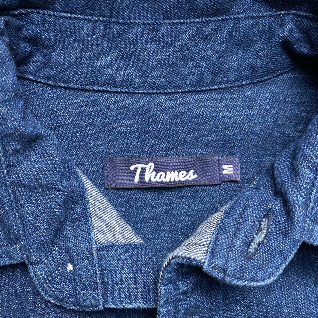 Thames Denim Blue and White Embroidery Long Sleeve Shirt (M)