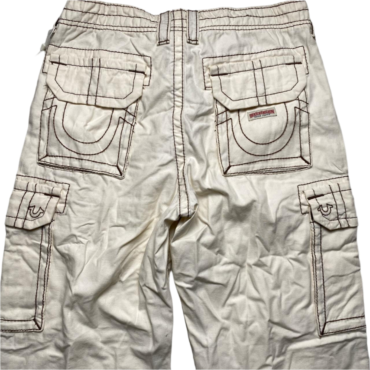 True Religion Baggy Cream and Brown Embroidery Cargo Trousers (28W)