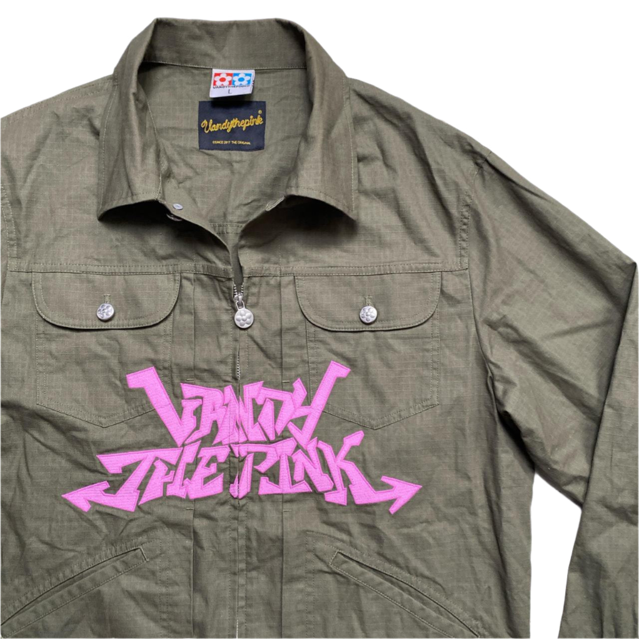 Vandy The Pink Khaki Green and Pink Shacket Shirt Jacket (L)
