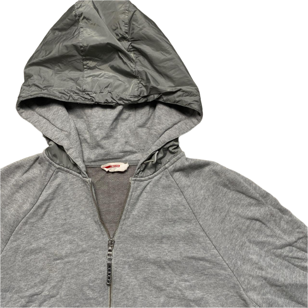 Prada Sport Red Tab Vintage Grey Hoodie Nylon Hood (XL)