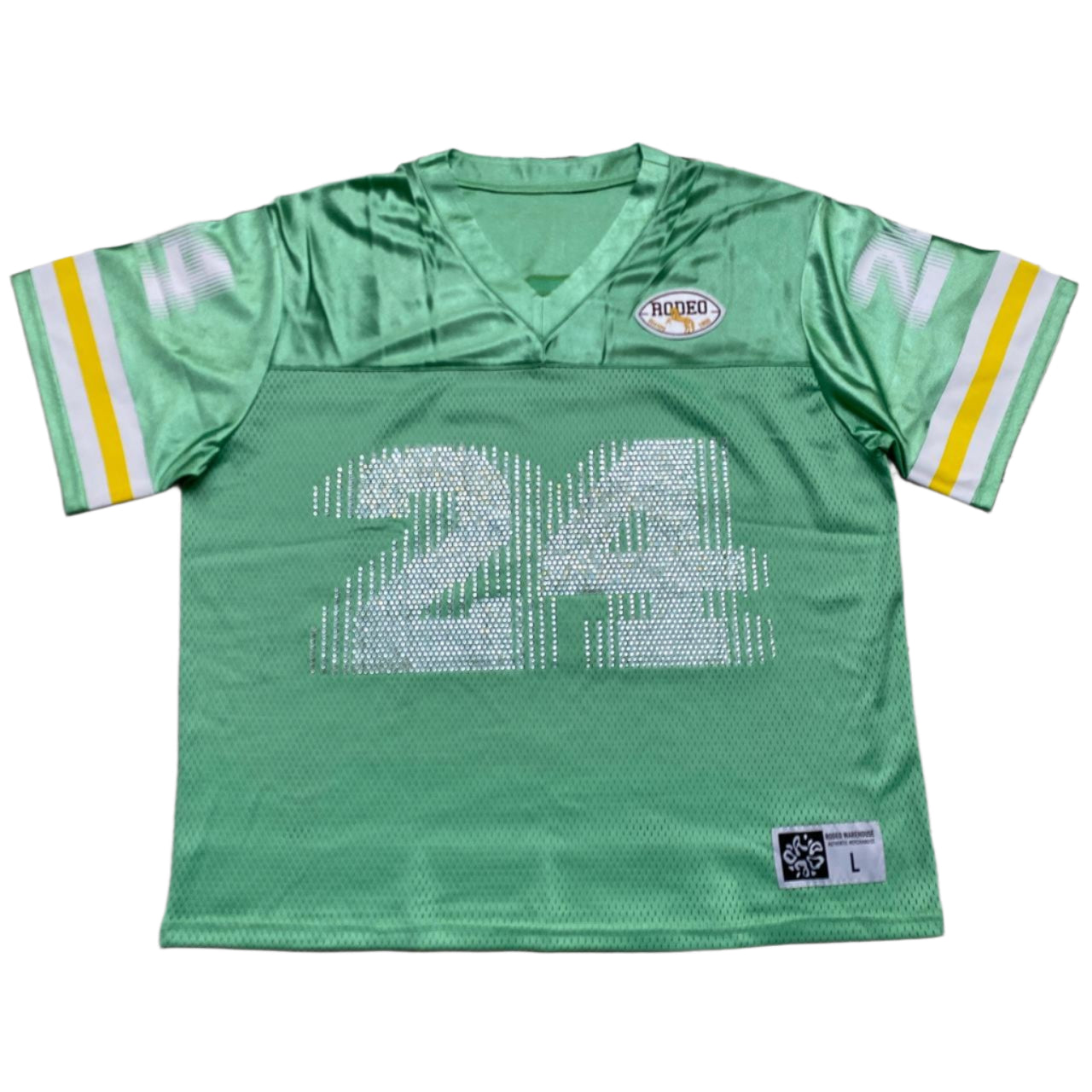 Rodeo Warehouse Green Yellow and White Diamante Rhinestone NFL Football Womens Oversized Jersey (L)