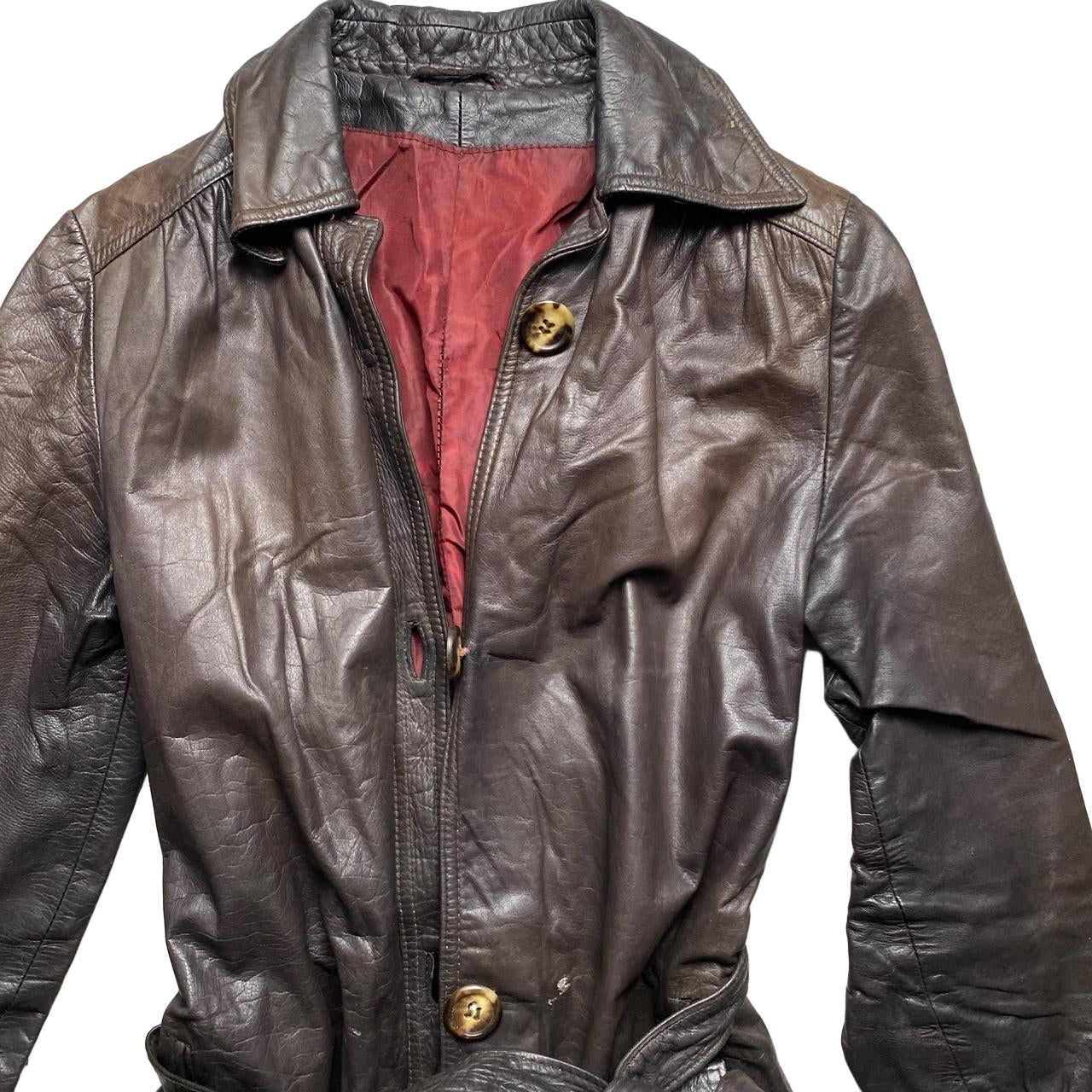Leone London Vintage Brown Long Leather Trench Coat (S)