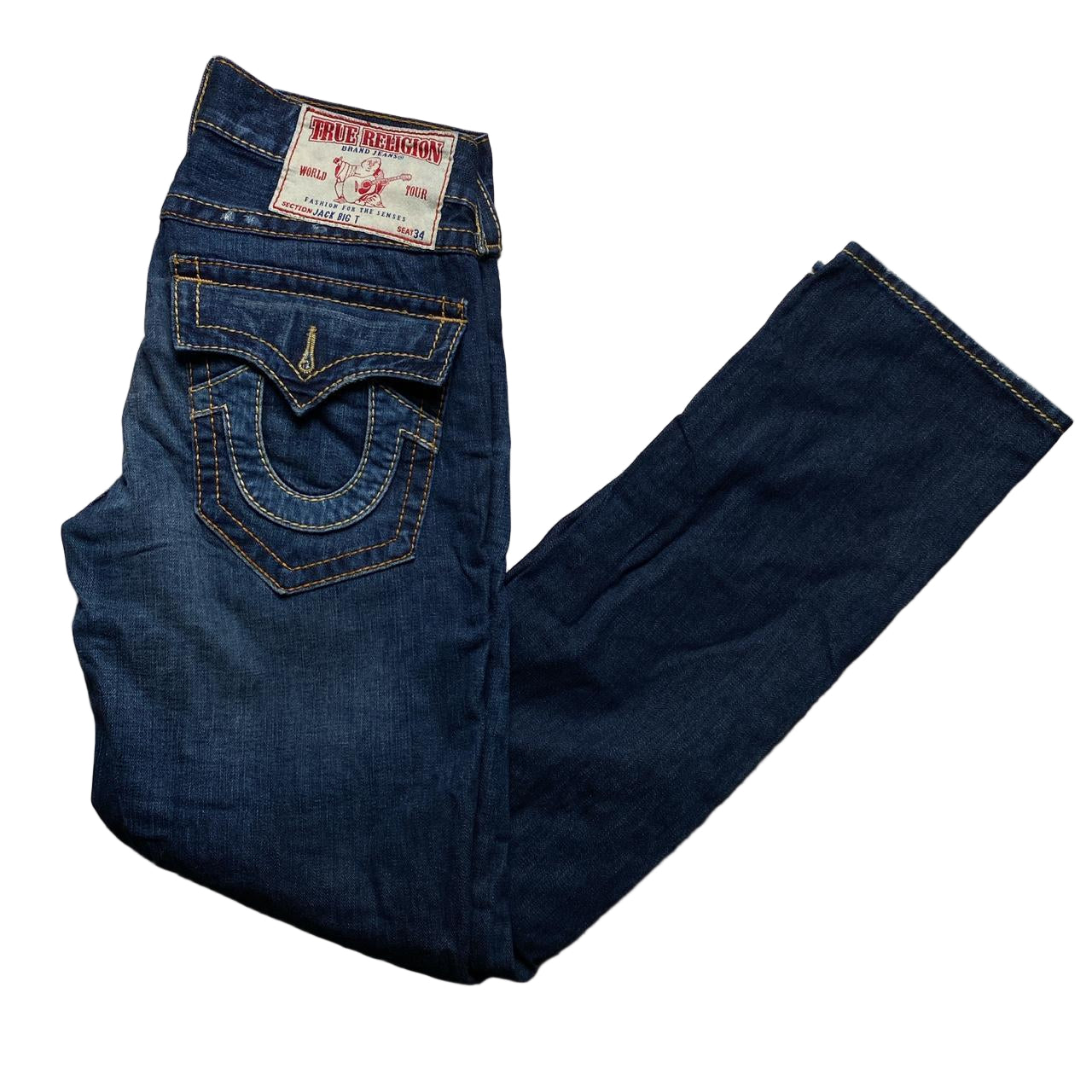 True Religion Jack Big T Navy and Gold Yellow Stitch Jeans (32W)