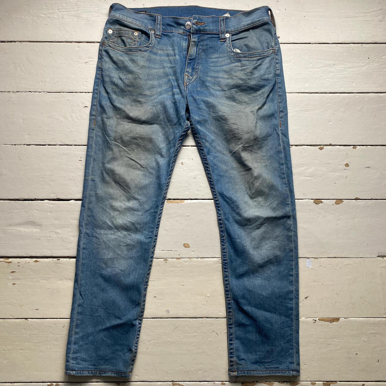 True Religion Geno Blue Stonewash Brown Stitch Jeans