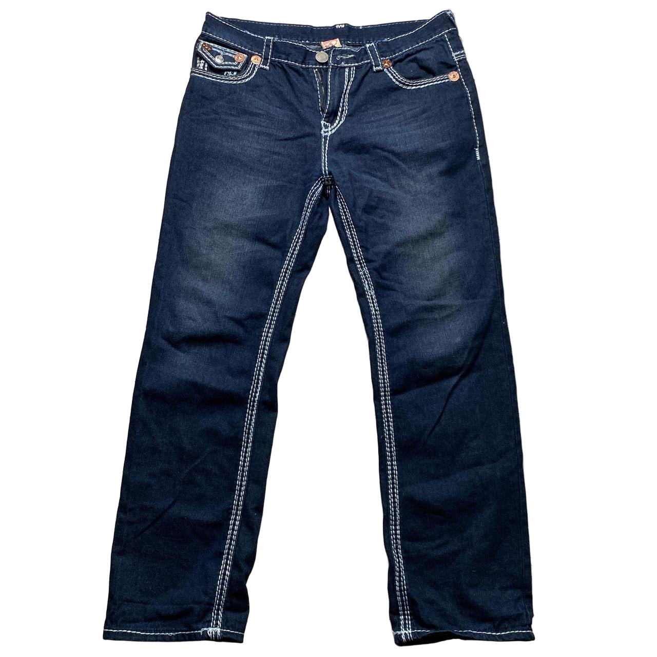 True Religion Joey Super T Big Baggy Navy and White Stitch Jeans (36W)