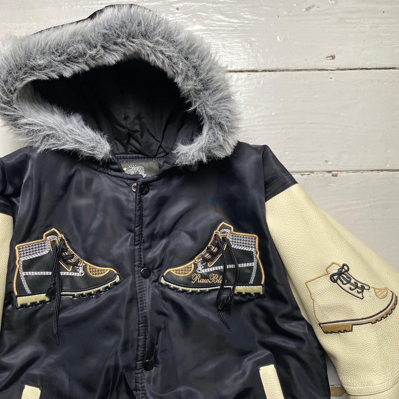 Raw Blue Timberland Boot Laceup Leather and Fur Hooded Bomber Jacket