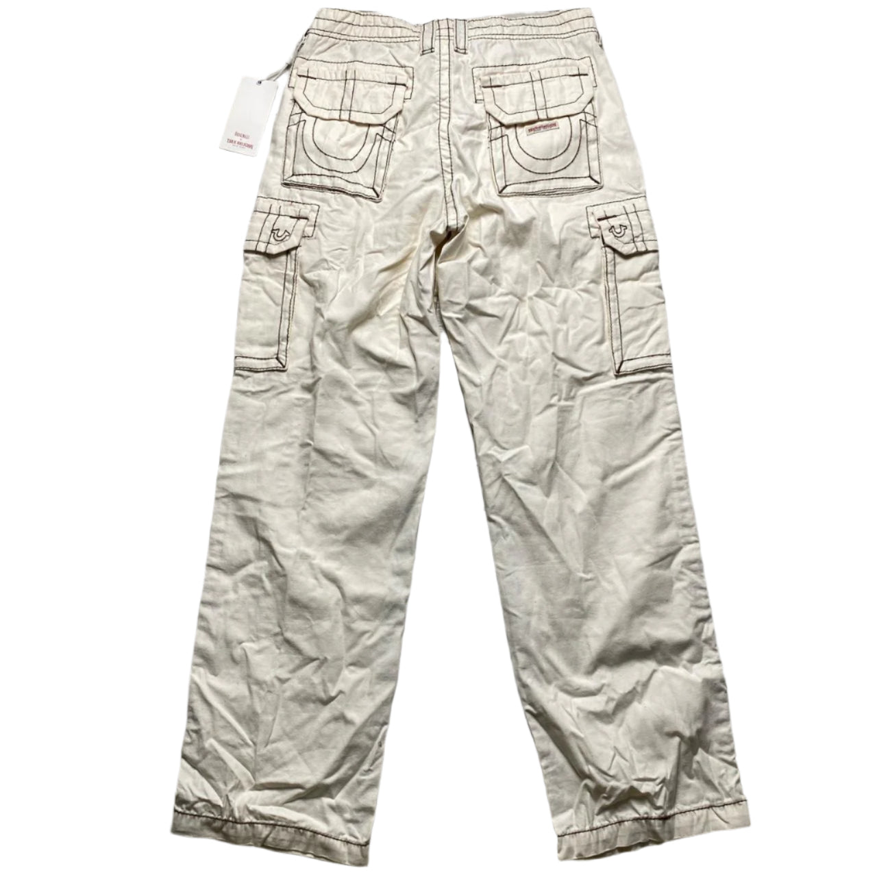 True Religion Baggy Cream and Brown Embroidery Cargo Trousers (28W)