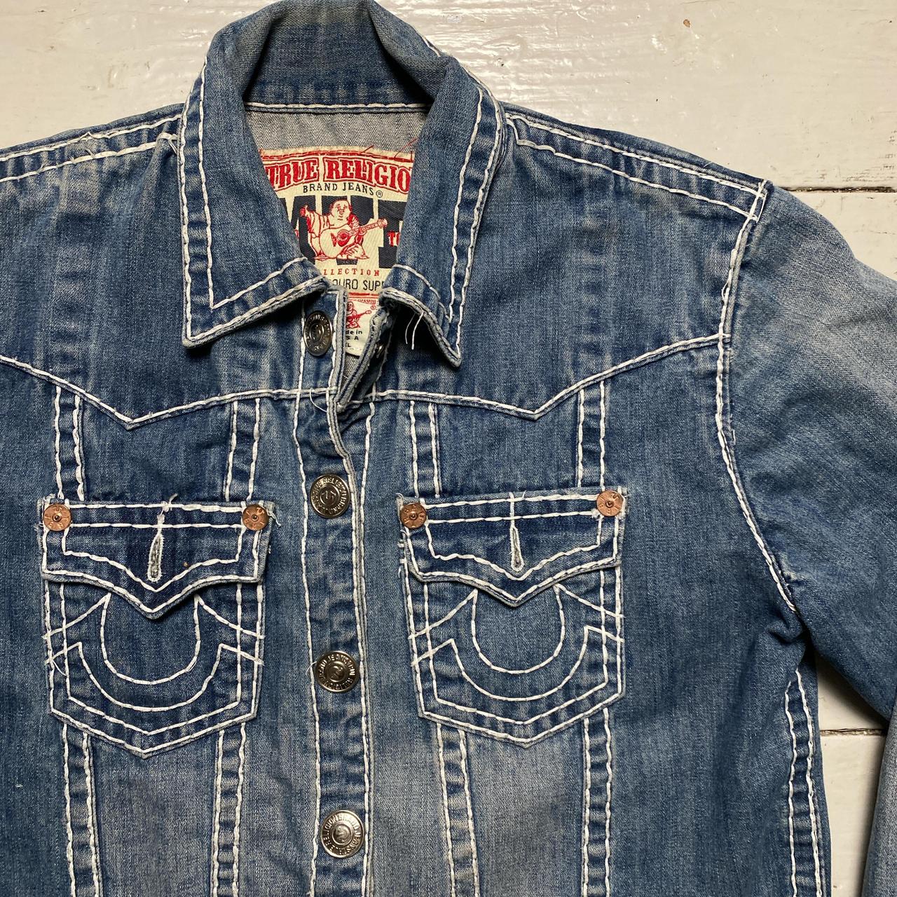 True Religion MVP Point Couro Super T Blue and White Stitch Denim Jacket (XL)