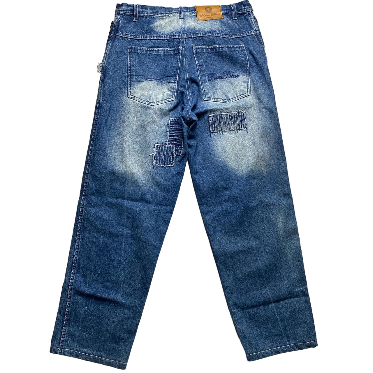 Raw Blue Vintage Baggy Patchwork Stonewashed Blue Jeans (34W)
