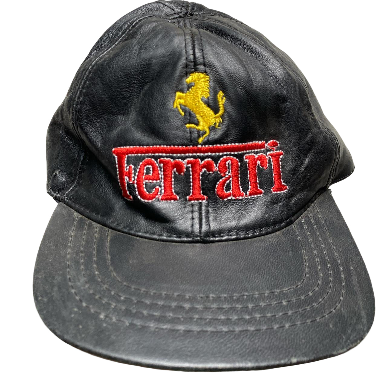 Ferrari Vintage Leather Racing Cap Black Yellow and Red