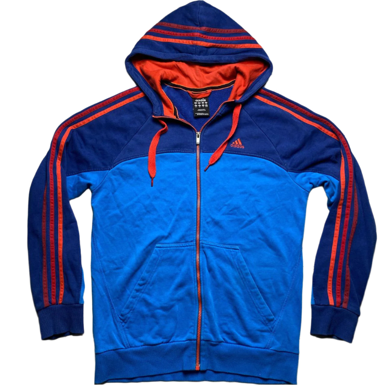 Adidas Performance Essentials Blue Two Tone Orange Red Stripes Hoodie (M)
