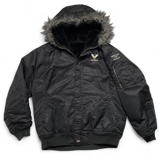 Avirex Vintage y2k Black Reversible Faux Fur Bomber Fur Trim Hooded Jacket (M)