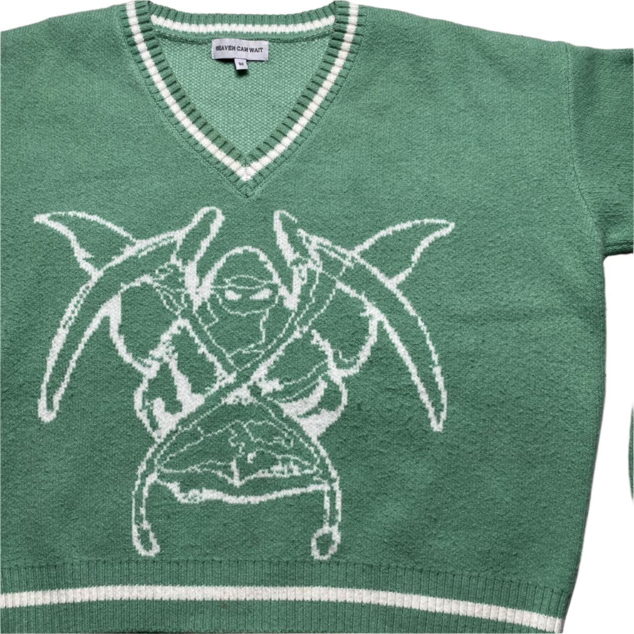 Heaven Can Wait Cropped Mint Green and White Reaper V Neck Jumper (M)