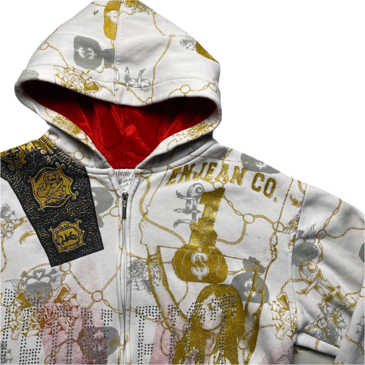 Enjean Vintage y2k Diamante Rhinestone Graphic Prints White Hoodie (M)