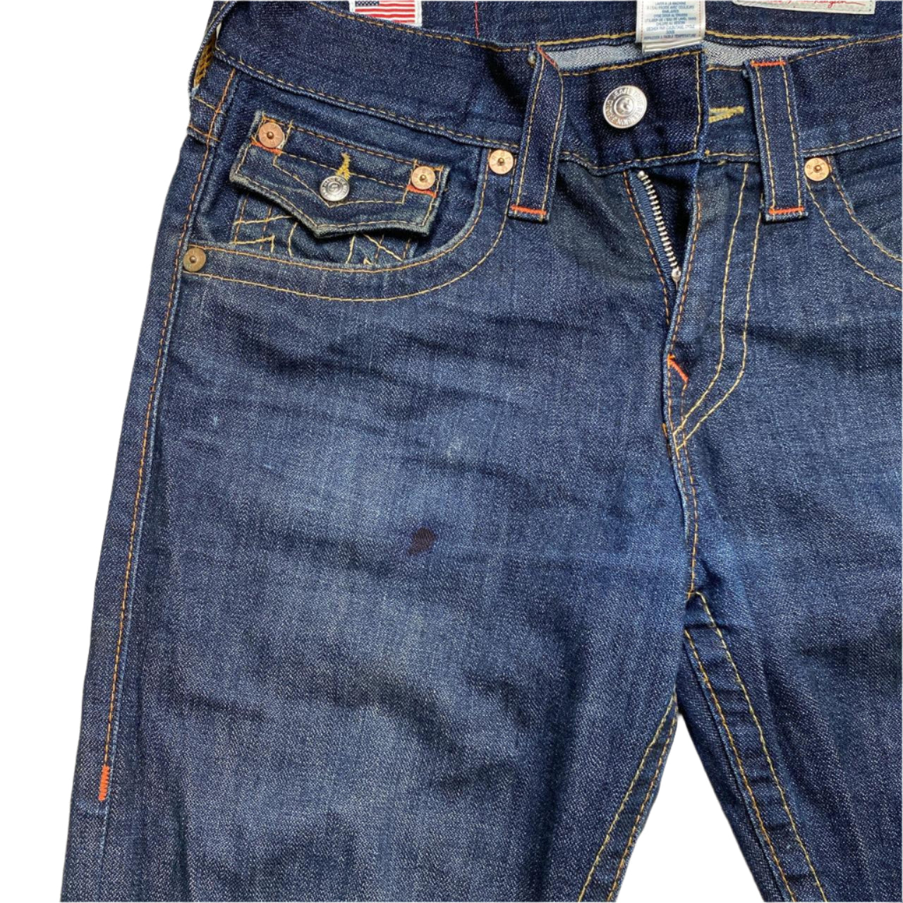 True Religion Ricky Navy and Gold Stitch Straight Baggy Jeans (30W)