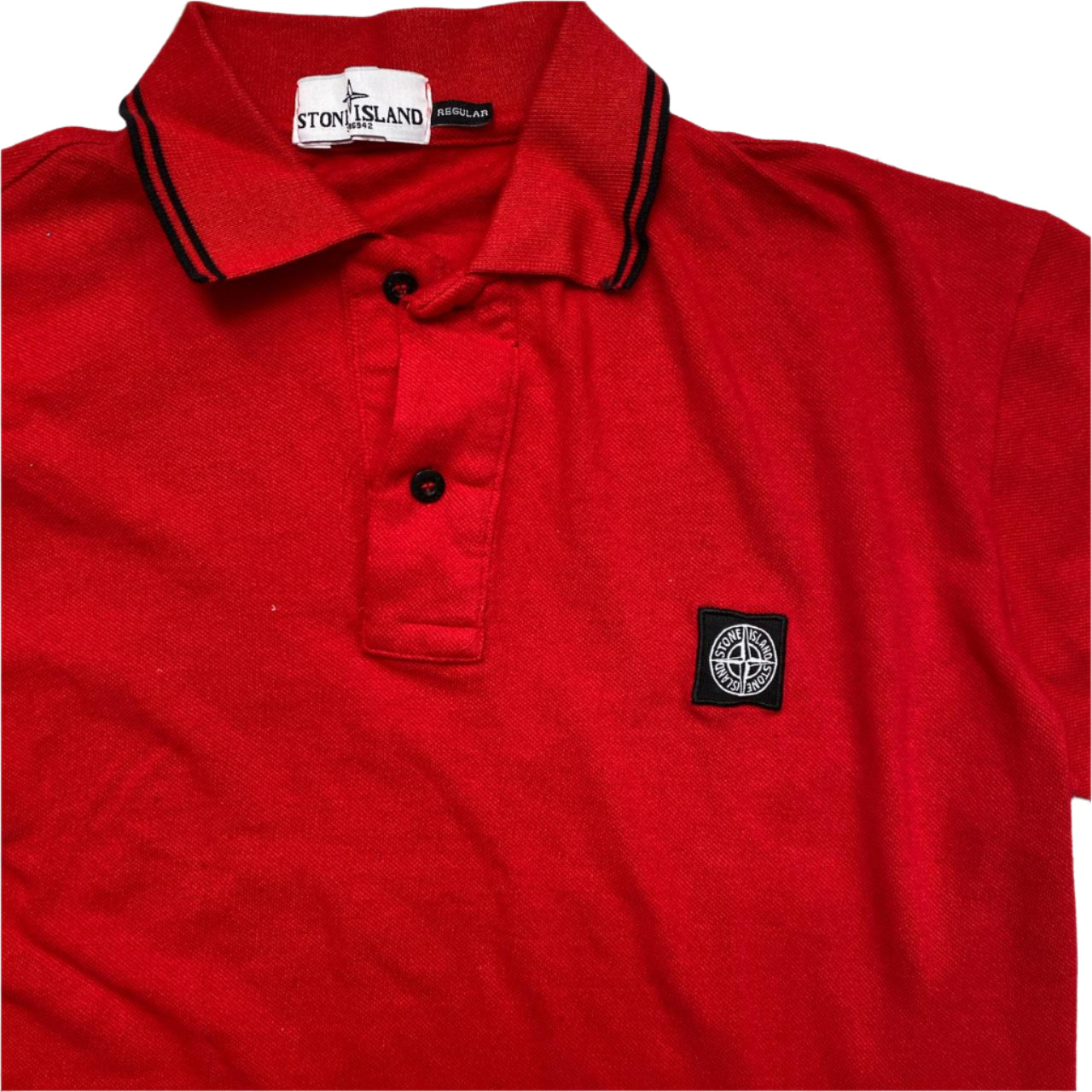 Stone Island Red and Black Square Patch Long Sleeve Polo Shirt