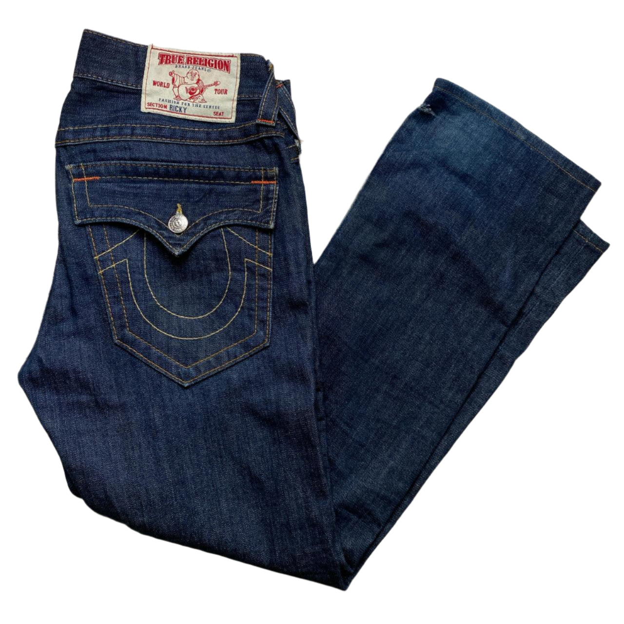 True Religion Ricky Navy and Gold Stitch Straight Baggy Jeans (30W)