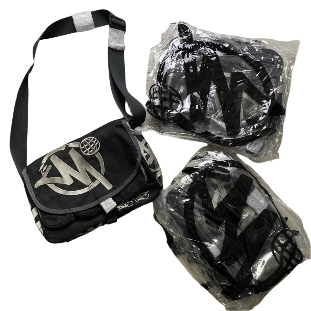 Minus Two Satchel Messenger Pouch Bag Black and Grey Embroidery