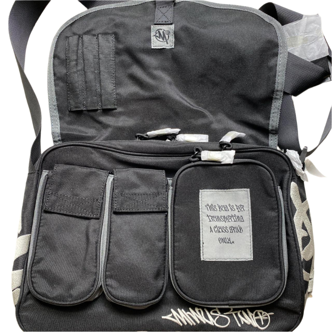 Minus Two Satchel Messenger Pouch Bag Black and Grey Embroidery