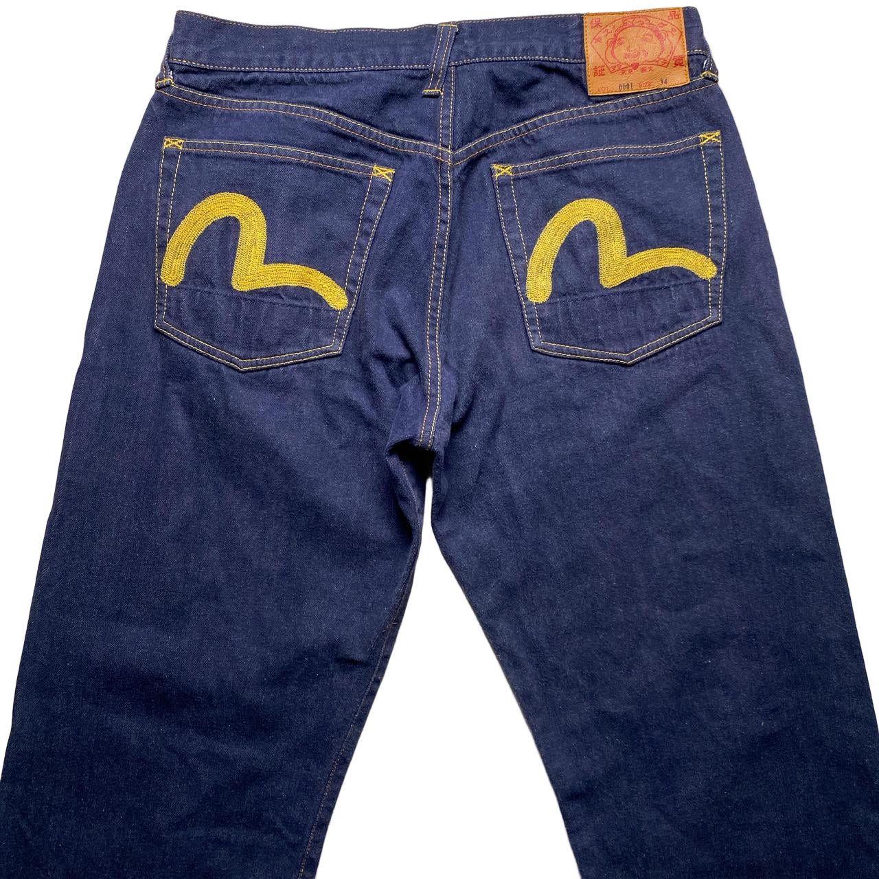 Evisu 0001 Navy and Yellow Daicock Swoosh Jeans (34W)