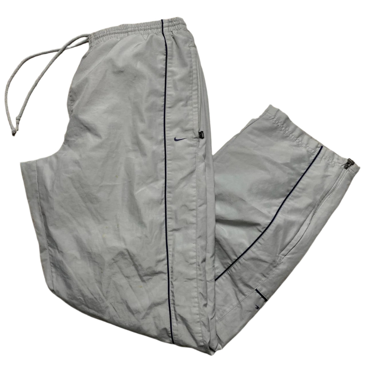 Nike Silver Grey and Navy Swoosh and Tribal Spellout Shell Baggy Trackpant Bottoms (L)