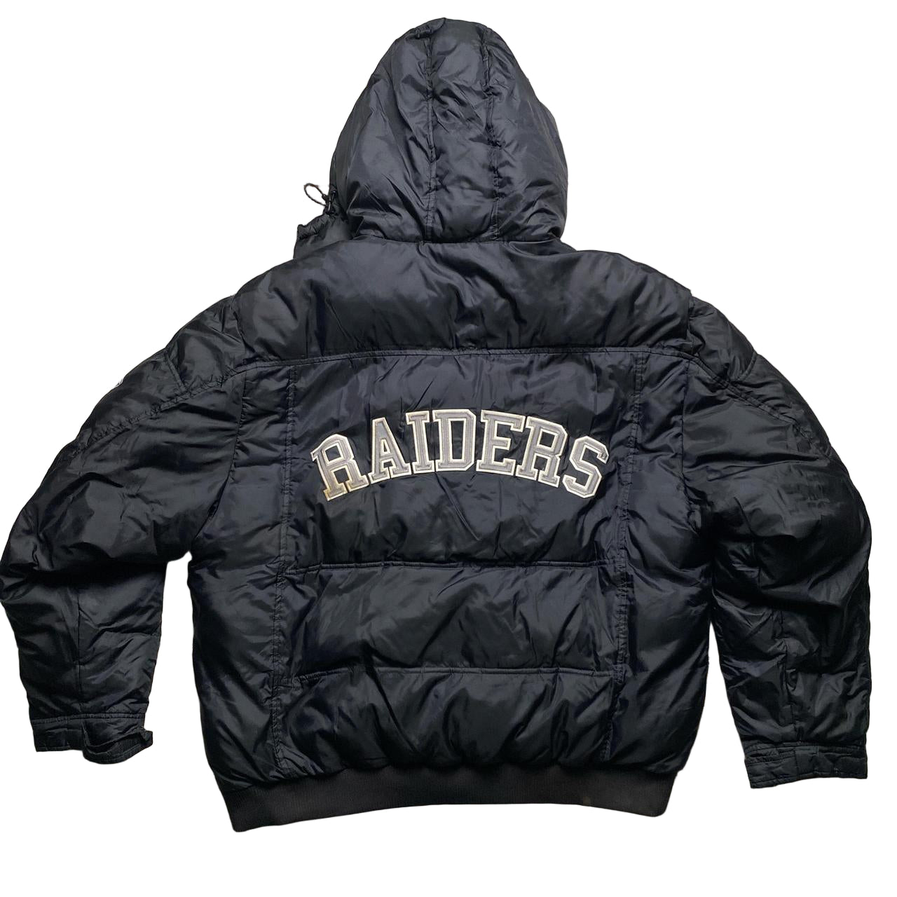 NFL Raiders Reebok Vintage Black Grey and White Puffer Jacket (XL)