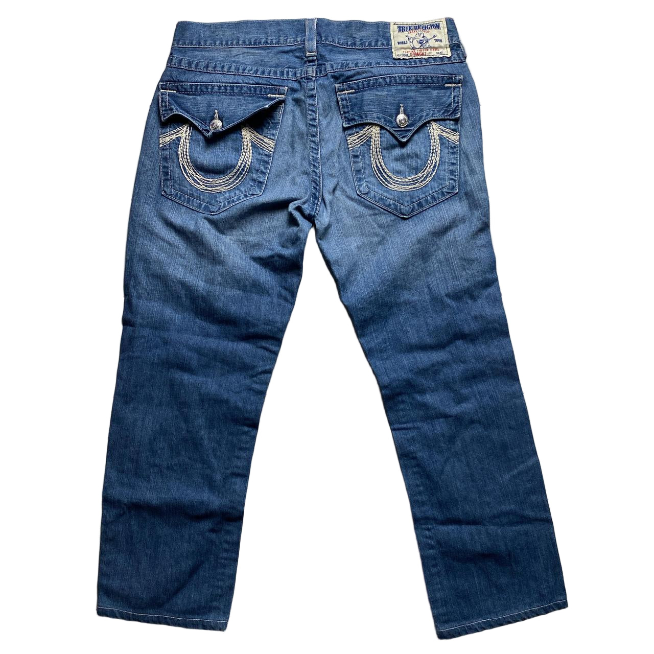 True Religion Blue and White Stitch Straight Baggy Jeans (36W)
