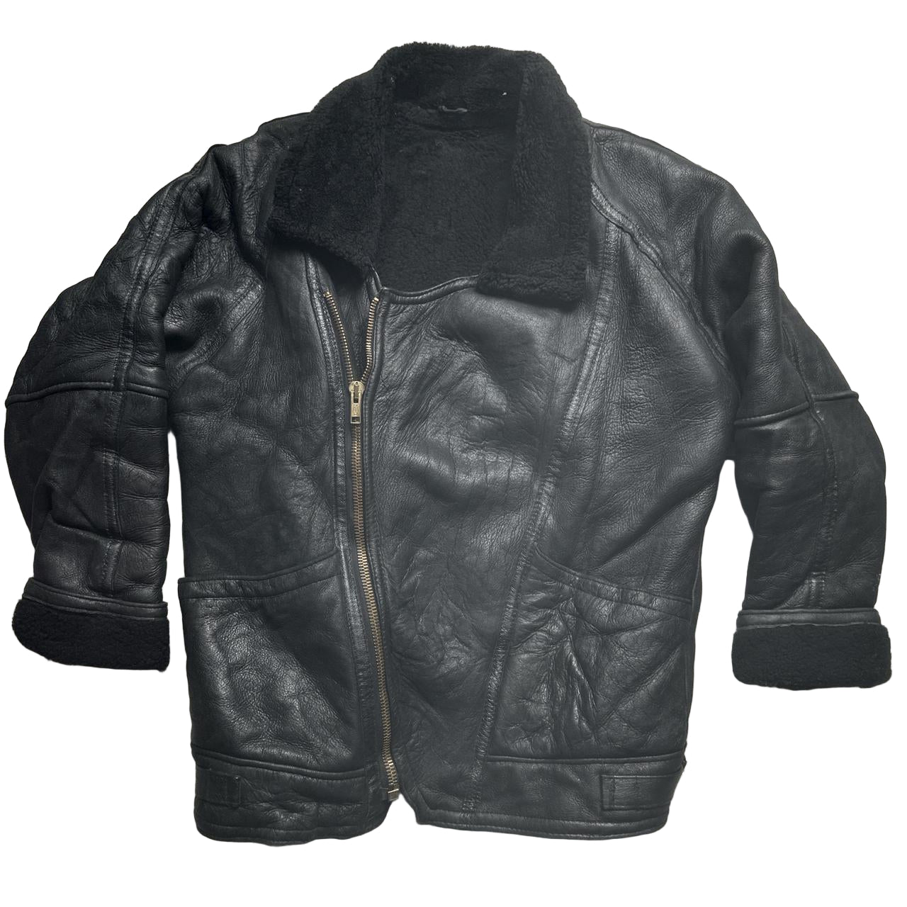 Real Sheepskin Sherling Leather Duffle Bomber Coat Black (L)