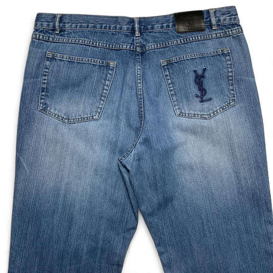 Yves Saint Laurent YSL Navy Embroidered Light Blue Baggy Distressed Jeans (40W)