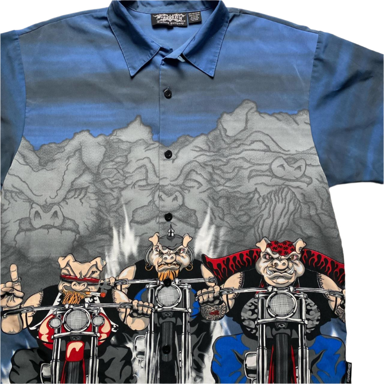 Y2K Pig Bikers Cartoon Animated Short Sleeve Silk Shirt (XL)