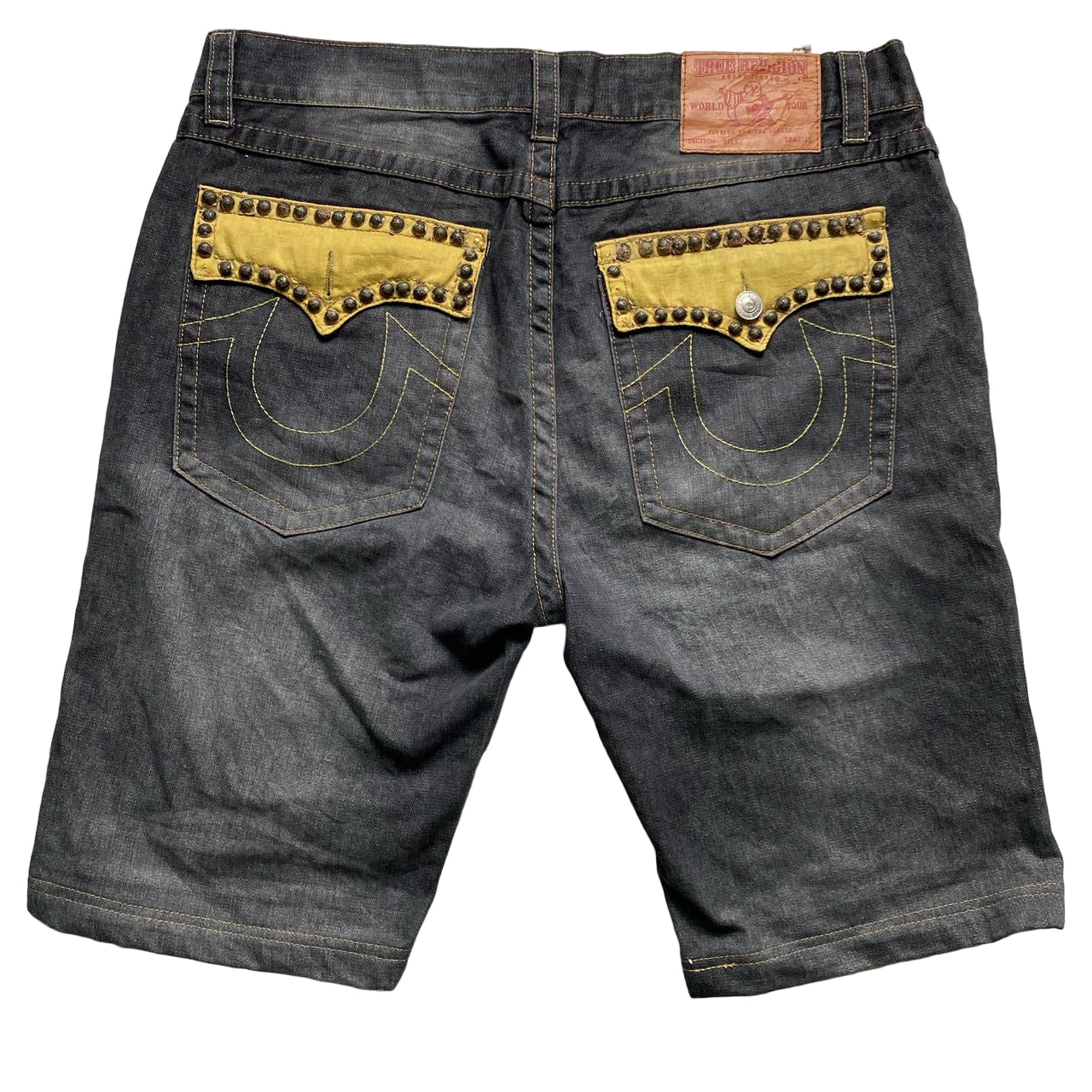 True Religion Billy Baggy Vintage Stud and Gold Stitch Grey Jort Jean Shorts (40W)