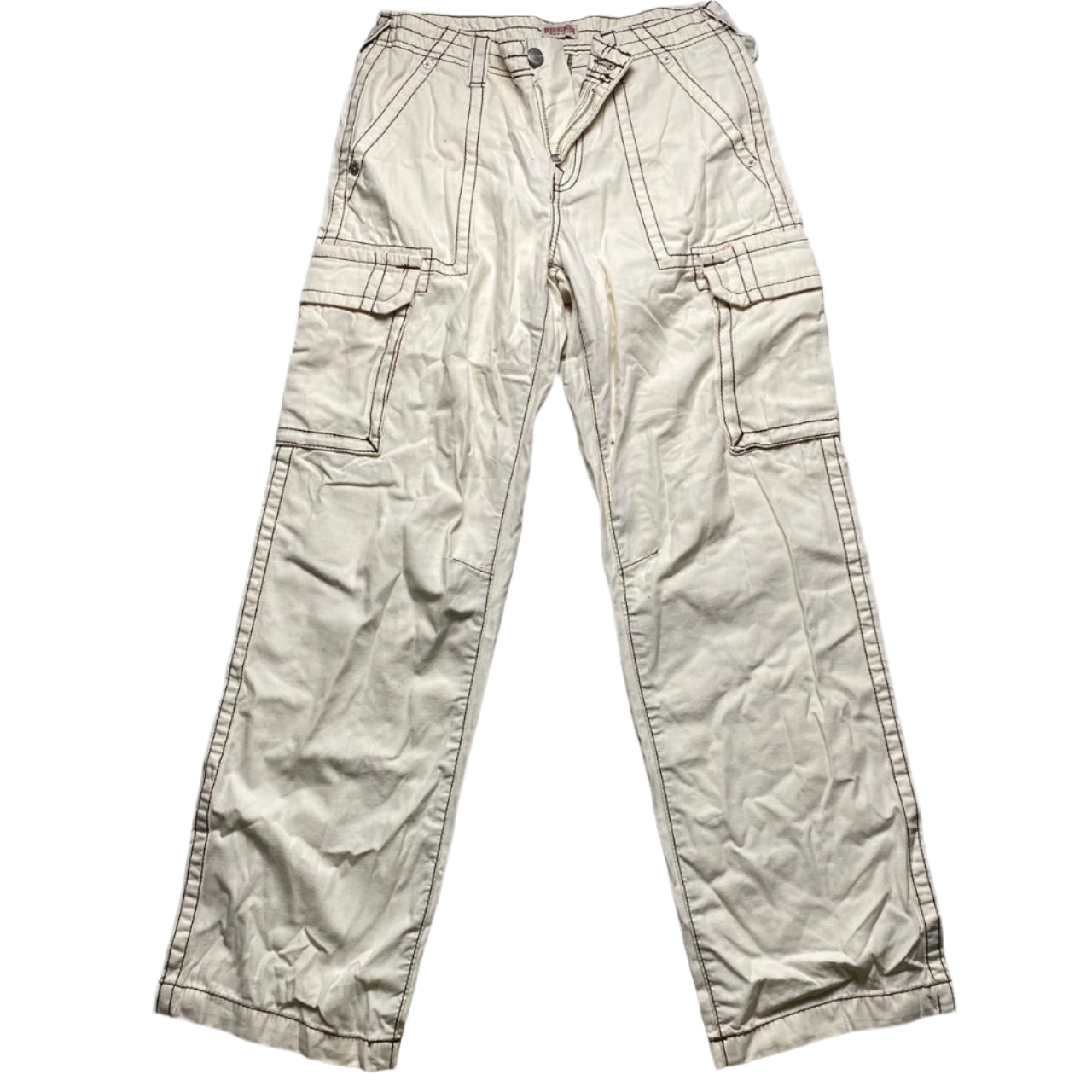 True Religion Baggy Cream and Brown Embroidery Cargo Trousers (28W)