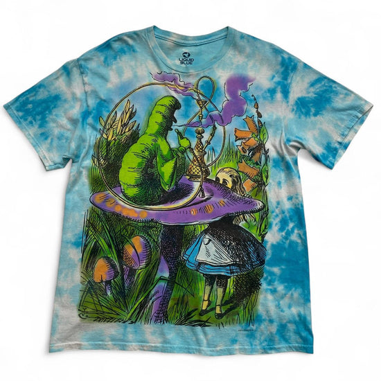 Alice in Wonderland Liquid Blue Shisha Trippy Graphic Tie Dye Blue T Shirt (L)