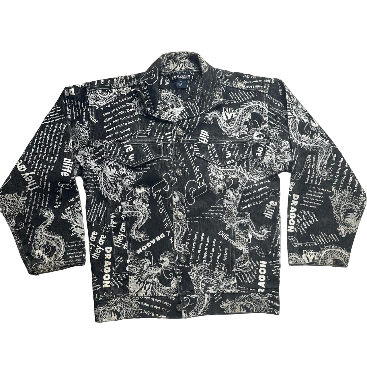 Raco Jeans Vintage 90’s Dragon Newspaper Transcript Denim Suit Jacket and Jeans (WOMEN.S)