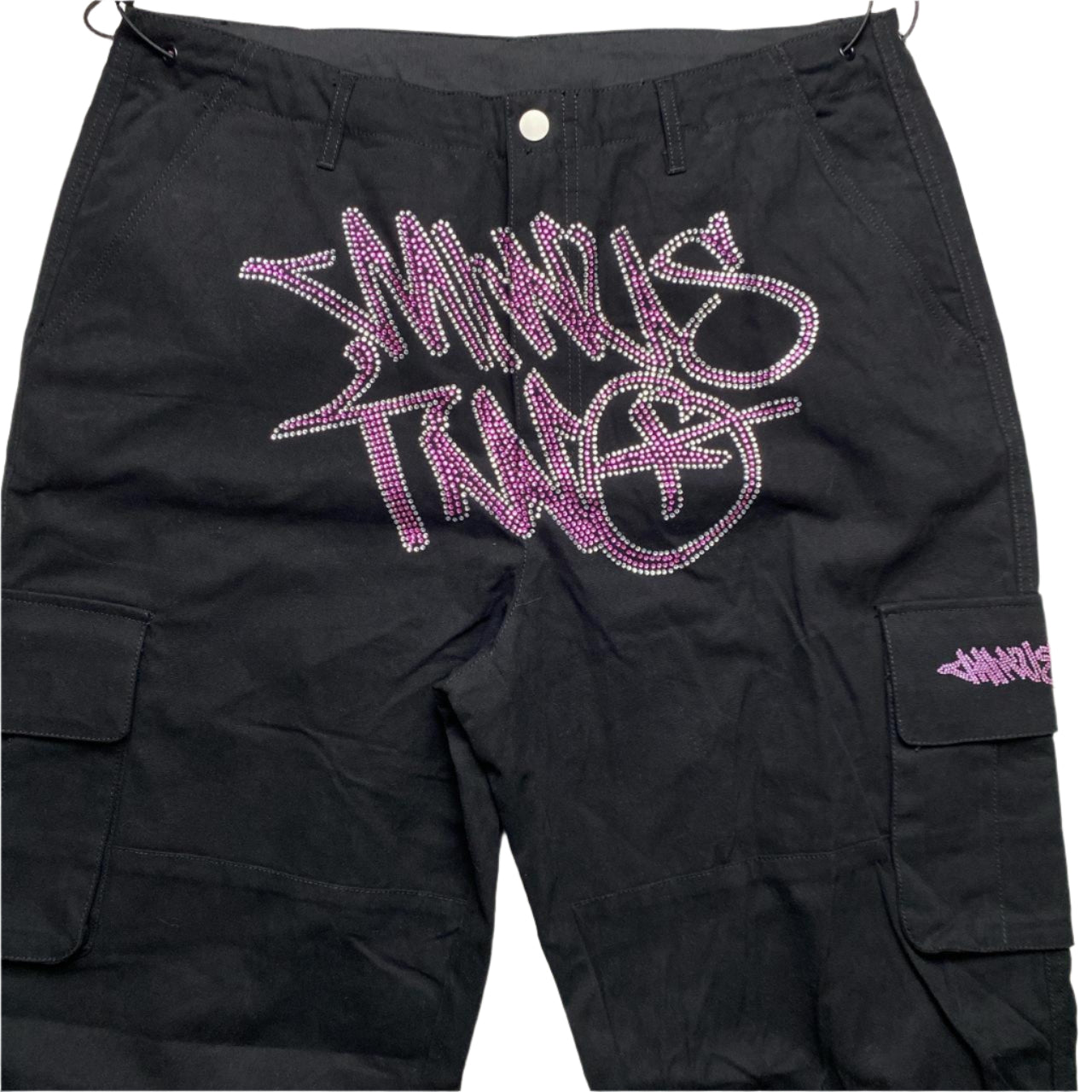 Minus Two Diamante Rhinestone Pink and Silver Black Cargo Trousers (XL)