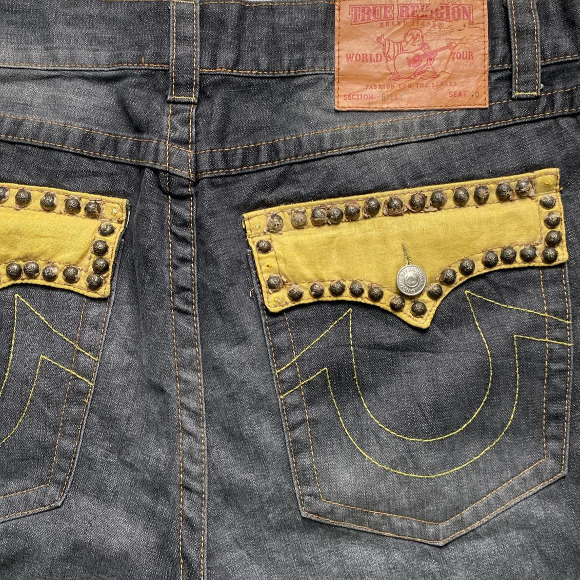 True Religion Billy Baggy Vintage Stud and Gold Stitch Grey Jort Jean Shorts (40W)