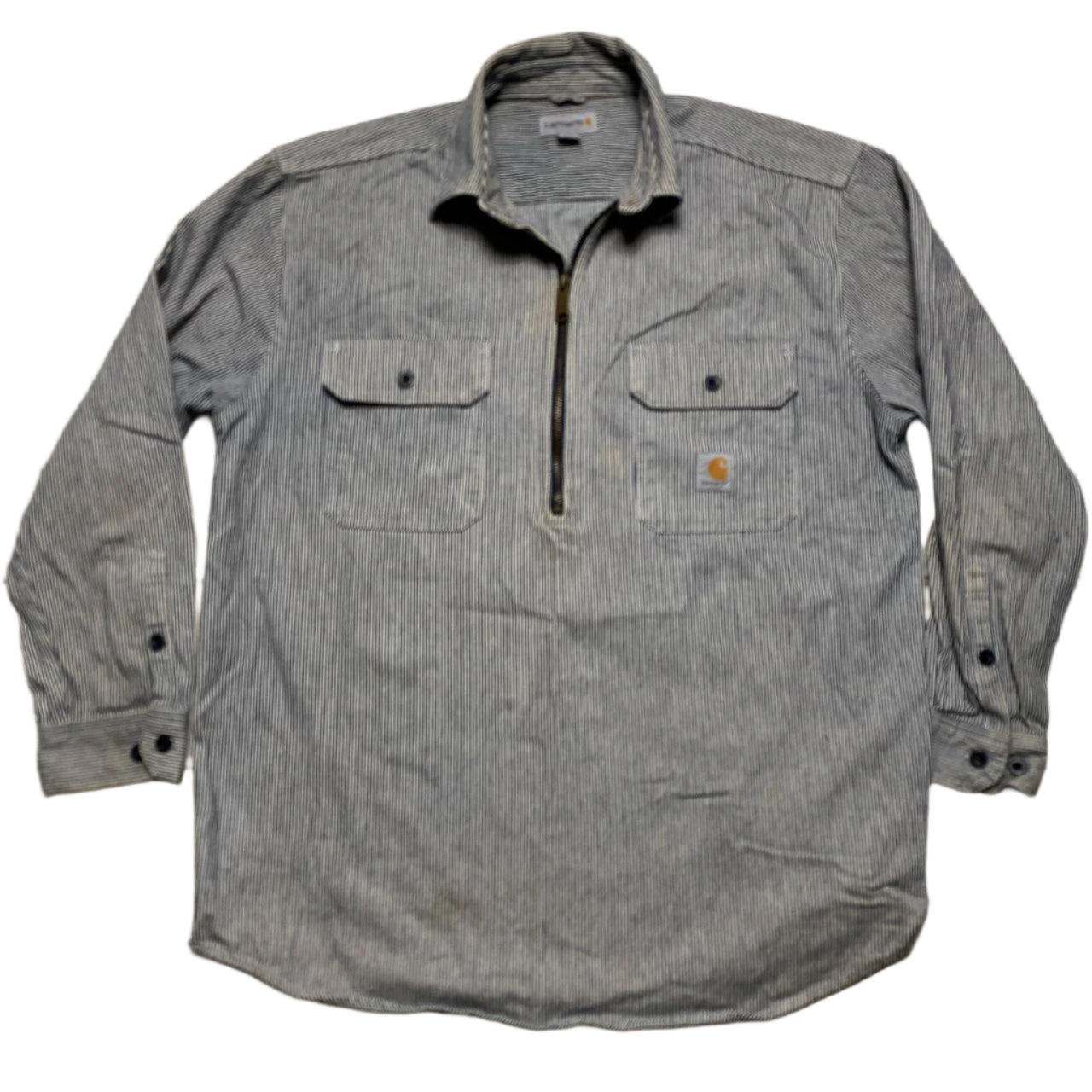 Carhartt Navy and White Striped Quarter Zip Heavy Shirt (L)