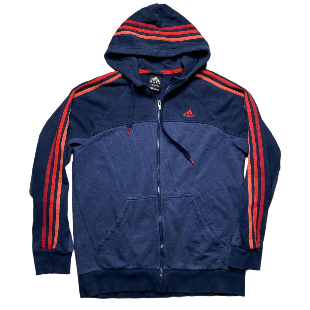 Adidas Performance Essentials Navy Two Tone Red and Orange Stripes Hoodie (M)